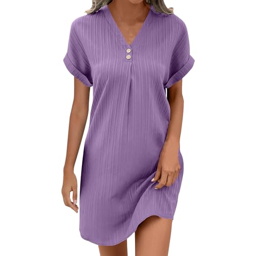 Guhmomh Sommerkleid Damen Kleider Kurzarm Strandkleid Elegant Sommerkleider Einfarbig Summer Dress Tshirt Kleid V-Ausschnitt Tankkleid Leicht und Luftig Freizeitkleider Lila XXL von Guhmomh