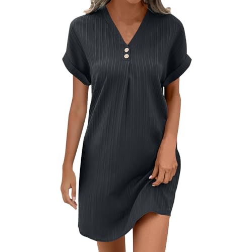 Guhmomh Sommerkleid Damen Kleider Kurzarm Strandkleid Elegant Sommerkleider Einfarbig Summer Dress Tshirt Kleid V-Ausschnitt Tankkleid Leicht und Luftig Freizeitkleider Dunkelgrau XL von Guhmomh