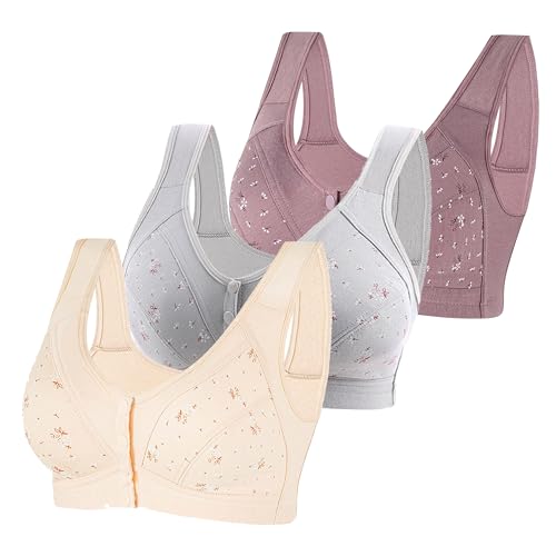 Guhmomh BH Damen Ohne Bügel 3er Pack Push up BH Mit Vorderverschluss Große Brüste Starker Halt Minimizer Bras Klassische Bustier Breite Träger Schlaf Atmungsaktiv Top Bralette Beige Grau Lila XXL von Guhmomh