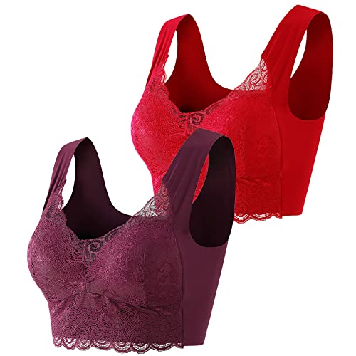 Guhmomh BH Damen ohne Bügel 2er Pack Push up Damen-BHS Sport BH Spitze Bustier Bralette Bequemer Seamless Crop Tops Große Größen Klassischer BH Ultrakomfortable Bra Top Rot Lila 3XL von Guhmomh