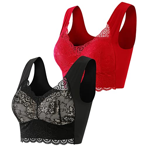 Guhmomh BH Damen ohne Bügel 2er Pack Push up Damen-BHS Sport BH Spitze Bustier Bralette Bequemer Seamless Crop Tops Große Größen Klassischer BH Ultrakomfortable Bra Top Rot Schwarz XL von Guhmomh