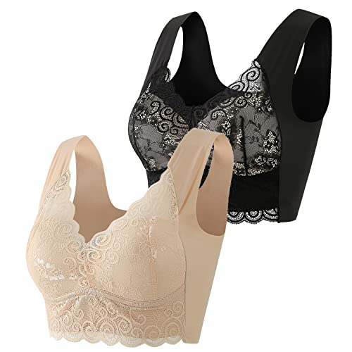 Guhmomh BH Damen ohne Bügel 2er Pack Push up Damen-BHS Sport BH Spitze Bustier Bralette Bequemer Seamless Crop Tops Große Größen Klassischer BH Ultrakomfortable Bra Top Beige Schwarz 3XL von Guhmomh