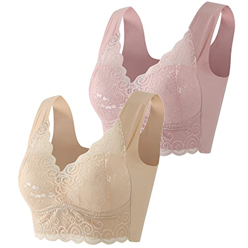 Guhmomh BH Damen ohne Bügel 2er Pack Push up Damen-BHS Sport BH Spitze Bustier Bralette Bequemer Seamless Crop Tops Große Größen Klassischer BH Ultrakomfortable Bra Top Beige Rosa 5XL von Guhmomh