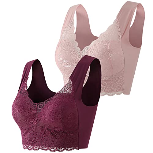 Guhmomh BH Damen ohne Bügel 2er Pack Push up Damen-BHS Sport BH Spitze Bustier Bralette Bequemer Seamless Crop Tops Große Größen Klassischer BH Ultrakomfortable Bra Top Lila Rosa XL von Guhmomh