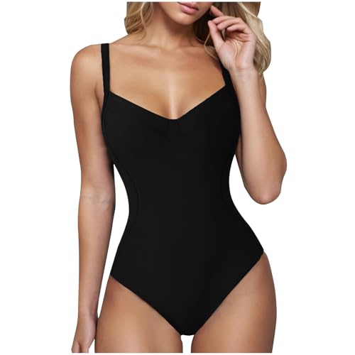 Guhmomh Badeanzug Damen Bauchweg Push Up Shape Schwimmanzug Sexy Bademode für Frauen Verstellbarer Sport Bademode Einteiliger Rückenfrei Swimsuits Vintage Strandmode Curvy Monokini Schwarz S von Guhmomh