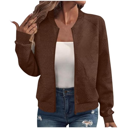 Guhmomh Bomberjacke Damen Fashion Blouson Jacke Leichte übergangsjacke Zip Streetwear Herbst Outwear Casual Fliegerjacke Einfarbige Sport Oberteil Pilotenjacke Sweatjacke Winter College jacke Braun S von Guhmomh