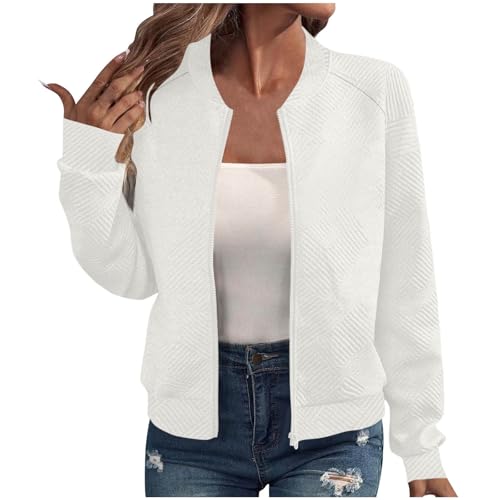 Guhmomh Bomberjacke Damen Fashion Blouson Jacke Leichte übergangsjacke Zip Streetwear Herbst Outwear Casual Fliegerjacke Einfarbige Sport Oberteil Pilotenjacke Sweatjacke Winter College jacke Weiß S von Guhmomh