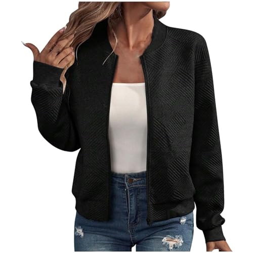 Guhmomh Bomberjacke Damen Fashion Blouson Jacke Leichte übergangsjacke Zip Streetwear Herbst Outwear Fliegerjacke Einfarbige Sport Oberteil Pilotenjacke Sweatjacke Winter College jacke Schwarz L von Guhmomh
