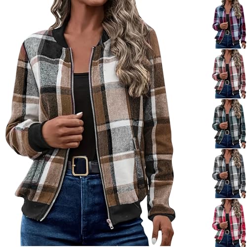 Guhmomh Bomberjacke Damen Karierte Blouson Jacke Dünne übergangsjacke Zip Sweatjacke Fliegerjacke Outdoor Sportjacke Teenager Mädchen Herbstjacke Pilotenjacke Winter College Jacke Streetwear Braun S von Guhmomh