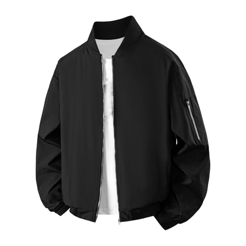 Guhmomh Bomberjacke Herren Dünne übergangsjacke Mode Blouson Jacke mit Taschen Fliegerjacke Herbst Outdoor Sportjacke Einfarbige College Jacke Männer Stehkragen Winterjacke Streetwear Schwarz 3XL von Guhmomh