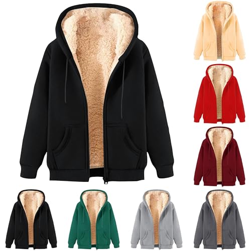 Guhmomh Fleecejacke Damen Warm Kapuzenjacke Hooded Sweatjacke Zip Kapuzenpullover Outdoor Fleecejacken Teddyjacke Winterjacke Einfarbige übergangsjacke Strickjacke Sportjacke Frauen Schwarz XL von Guhmomh