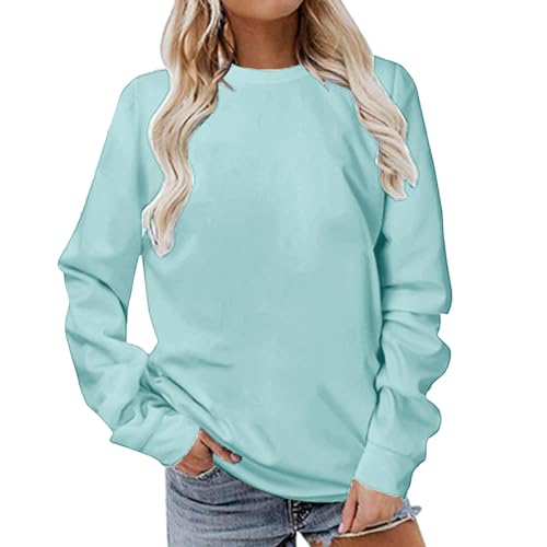 Guhmomh Pullover Damen Winter Sweatshirt Rundhals Langarmshirt ohne Kapuze Strickpullover Einfarbig Oberteile Frauen Bluse Sweater Baumwolle Sweatpullover Outwear Streetwear Thermoshirts Himmelblau L von Guhmomh