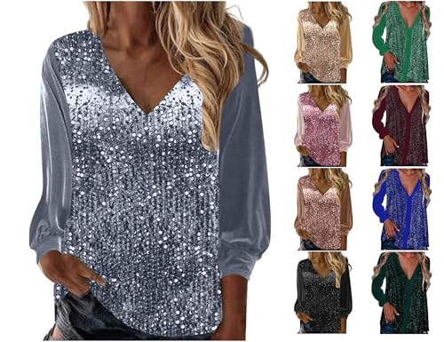 Guhmomh Glitzer Oberteile Damen Party Silvester Outfit Faschingskostüme Pailletten Bluse Elegant Pullover Festliche Langarmshirt Baumwolle Tunika T-Shirt Modern Hemd Angebote 01 Silber 3XL von Guhmomh