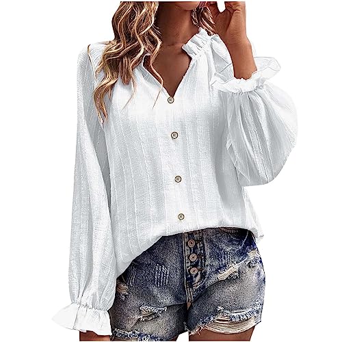 Guhmomh Langarmshirt Damen Langarm Kleidung Blusenshirt Elegant Langärmeliges Blusen Frau T-Shirt Vintage Einfarbig Sweatshirt Teenager Mädchen Shirt Lässig Blusen & Tuniken Oberteile Weiß L von Guhmomh
