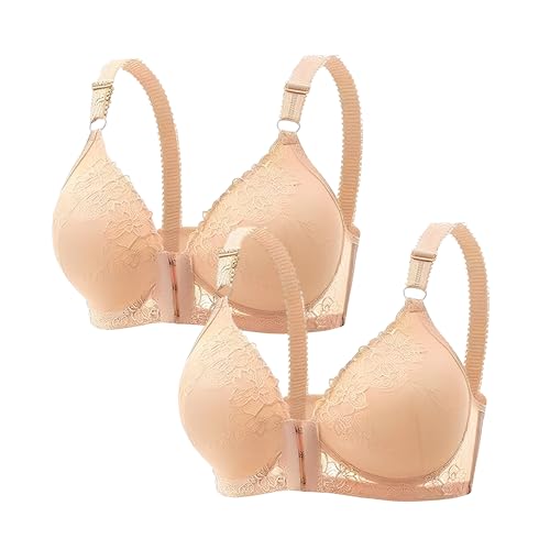 Guhmomh Push up BH Damen mit Bügel 2er Pack Spitzen Damen-BHS mit Vorderverschluss Klassische Lifting Anti-Sagging Bras Bequemer Bügel Tshirt Bralette Atmungsaktiv Top V-Ausschnitt Bustier Beige M von Guhmomh