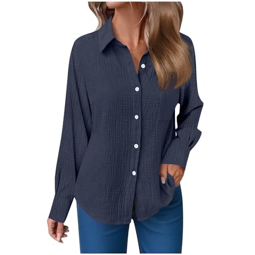 Guhmomh Hemdbluse Damen Basic Langarmshirt Baumwolle Musselin Bluse Elegante Oberteile Einfarbig V-Ausschnitt Leichte Langarm Lässig Longshirt Locker Frauen Kleidung Gutscheine Marineblau XXL von Guhmomh