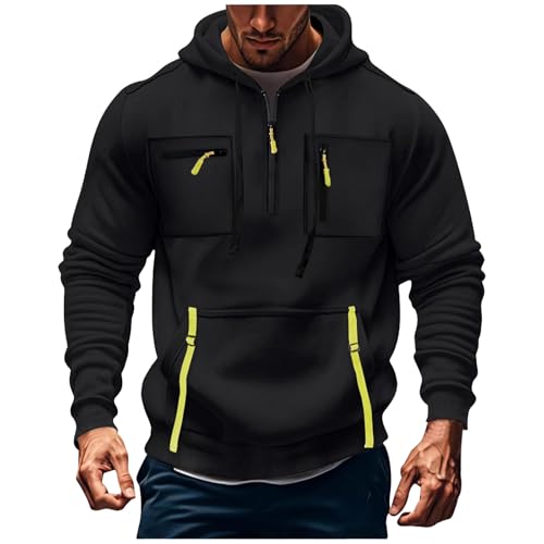 Guhmomh Hoodie Herren Herbst Fashion Hooded Sweatshirt Half Zip Pullover Outdoor Kapuzenpullover Casual Hoodies für Männer Sweatshirt mit Kapuze Winter Fitness Kapuzenpulli Junge Streetwear Schwarz L von Guhmomh
