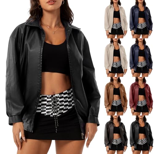 Guhmomh Lederjacke Damen Motorrad Jacke Mode übergangsjacke Oversized Kunstlederjacke Casual Lederimitat Jacke Leder Mantel Freizeit Bikerjacke Bomberjacke College Jacke Streetwear Teenager Schwarz L von Guhmomh