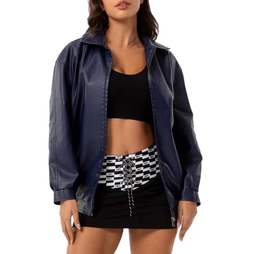Guhmomh Lederjacke Damen Motorrad Jacke übergangsjacke Oversized Kunstlederjacke Casual Lederimitat Jacke Leder Mantel Freizeit Bikerjacke Bomberjacke College Jacke Streetwear Teenager Dunkelblau XXL von Guhmomh