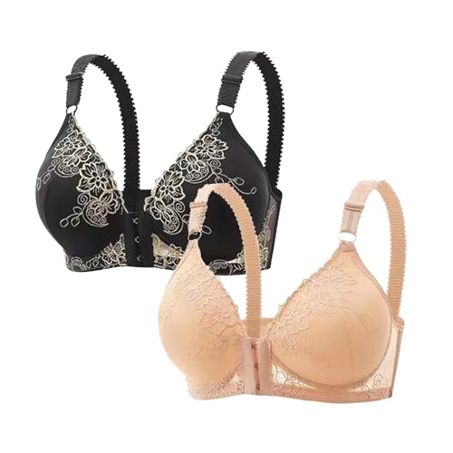 Guhmomh Push up BH Damen mit Bügel 2er Pack Spitzen Damen-BHS mit Vorderverschluss Klassische Anti-Sagging Bras Bequemer Bügel Tshirt Bralette Atmungsaktiv Top V-Ausschnitt Bustier Beige Schwarz XL von Guhmomh