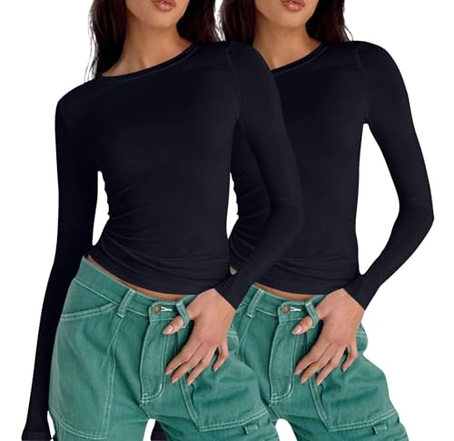 Guhmomh Tshirt Damen 2er Pack Elegante Oberteile Basic Rundhals T Shirt Einfabrig Slim Fit Tunika Stretch Pullover Casual Tops Komfort Mode Longsleeve Schwarz S von Guhmomh
