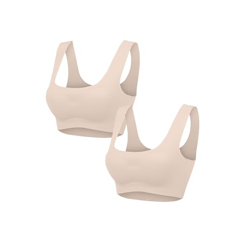 Guhmomh Push up Sport BH Damen Ohne Bügel 2er Pack Abnehmbar Pads Strech Klassische Damen-BHS Leicht Bras Weich Bügelloser Bustier Einfarbig Atmungsaktiv Tshirt Bralette Warehouse Deal Beige M von Guhmomh