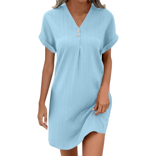 Guhmomh Sommerkleid Damen Kleider Kurzarm Strandkleid Elegant Sommerkleider Einfarbig Summer Dress Tshirt Kleid V-Ausschnitt Tankkleid Leicht und Luftig Freizeitkleider Hellblau XL von Guhmomh