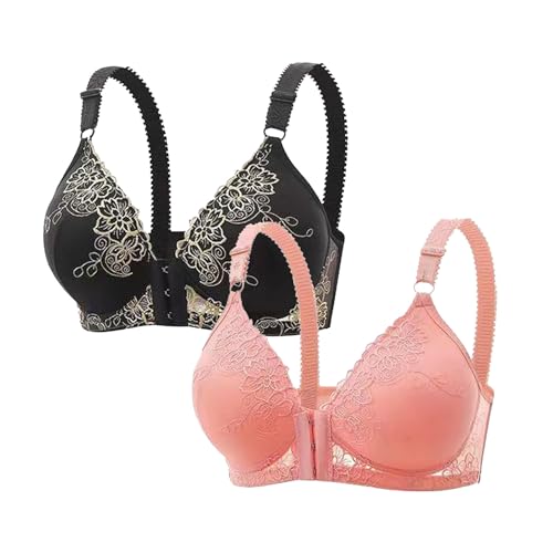 Guhmomh Push up BH Damen mit Bügel 2er Pack Spitzen Damen-BHS mit Vorderverschluss Klassische Anti-Sagging Bras Bequemer Bügel Tshirt Bralette Atmungsaktiv Top V-Ausschnitt Bustier Schwarz Rosa M von Guhmomh