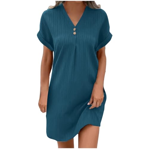 Guhmomh Sommerkleid Damen Kleider Kurzarm Strandkleid Elegant Sommerkleider Einfarbig Summer Dress Tshirt Kleid V-Ausschnitt Tankkleid Leicht und Luftig Freizeitkleider Grün XXL von Guhmomh