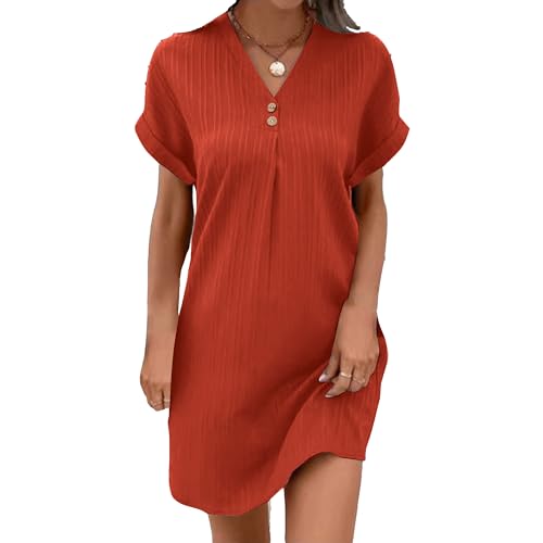 Guhmomh Sommerkleid Damen Kleider Kurzarm Strandkleid Elegant Sommerkleider Einfarbig Summer Dress Tshirt Kleid V-Ausschnitt Tankkleid Leicht und Luftig Freizeitkleider Orange M von Guhmomh