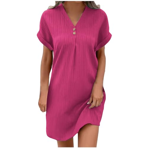 Guhmomh Sommerkleid Damen Kleider Kurzarm Strandkleid Elegant Sommerkleider Einfarbig Summer Dress Tshirt Kleid V-Ausschnitt Tankkleid Leicht und Luftig Freizeitkleider Wassermelonenrot M von Guhmomh