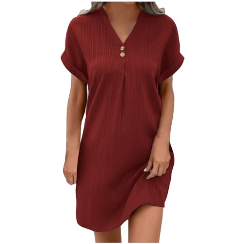 Guhmomh Sommerkleid Damen Kleider Kurzarm Strandkleid Elegant Sommerkleider Einfarbig Summer Dress Tshirt Kleid V-Ausschnitt Tankkleid Leicht und Luftig Freizeitkleider Rot L von Guhmomh