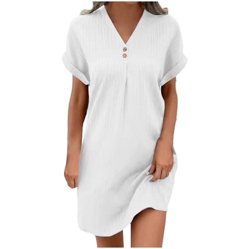 Guhmomh Sommerkleid Damen Kleider Kurzarm Strandkleid Elegant Sommerkleider Einfarbig Summer Dress Tshirt Kleid V-Ausschnitt Tankkleid Leicht und Luftig Freizeitkleider Weiß S von Guhmomh