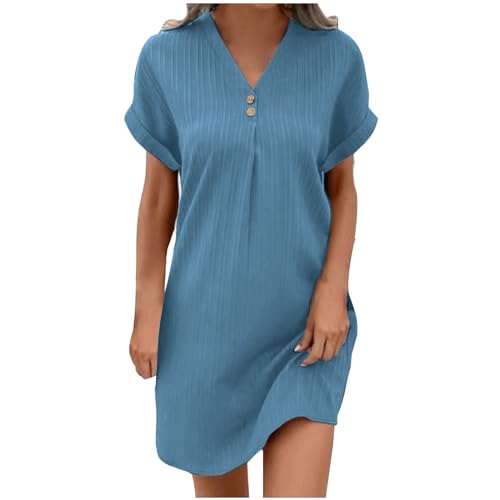 Guhmomh Sommerkleid Damen Kleider Kurzarm Strandkleid Elegant Sommerkleider Einfarbig Summer Dress Tshirt Kleid V-Ausschnitt Tankkleid Leicht und Luftig Freizeitkleider Blau XL von Guhmomh