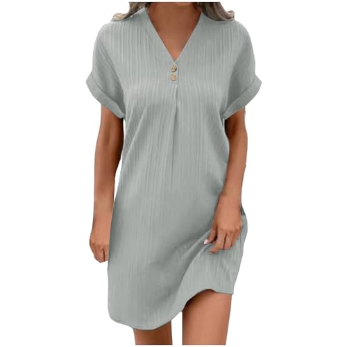 Guhmomh Sommerkleid Damen Kleider Kurzarm Strandkleid Elegant Sommerkleider Einfarbig Summer Dress Tshirt Kleid V-Ausschnitt Tankkleid Leicht und Luftig Freizeitkleider Grau XXL von Guhmomh