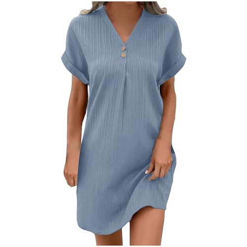 Guhmomh Sommerkleid Damen Kleider Kurzarm Strandkleid Elegant Sommerkleider Einfarbig Summer Dress Tshirt Kleid V-Ausschnitt Tankkleid Leicht und Luftig Freizeitkleider Blau XXL von Guhmomh