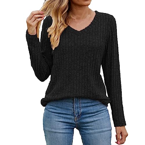 Guhmomh Strickpullover Damen Winter Pullover Warme Langarmshirt Rundhals Sweatshirt Einfarbig Pulli ohne Kapuze Winterpullover Frauen Sweater Strickpulli Blusen Sale Angebote Schwarz L von Guhmomh