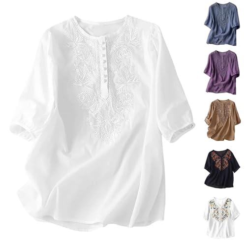 Guhmomh T-Shirts Damen Elegant Bluse Leinen Shirt Kurzarm Tunika Baumwolle Blusen Rundhals Oberteile Vintage Drucken Tuniken Leinenbluse Freizeit Leinenshirt Blitzangebote 01 Weiß XXL von Guhmomh