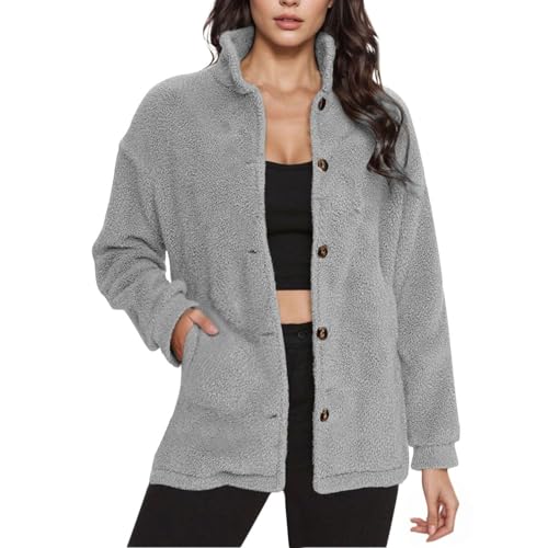 Guhmomh Teddy Fleecejacke Damen Sherpa Jacke Einfarbige Teddyjacke Outdoor Fleecejacken für Frauen Mode Fleece Winterjacke Mädchen Wintermantel Sweatjacke Warm übergangsjacke Strickjacke Grau XL von Guhmomh