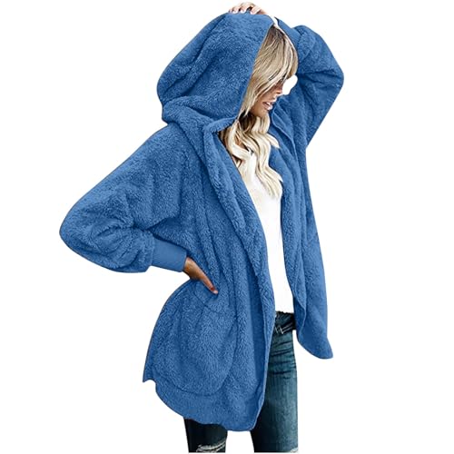Guhmomh Teddy Fleecejacke Damen mit Kapuze Freizeit Sherpa Jacke Teddyjacke Einfarbige Fleece Kapuzenjacke Outdoor Fleecejacken Strickjacke Outdoorjacke Winterjacke Mädchen Wintermantel Himmelblau XL von Guhmomh