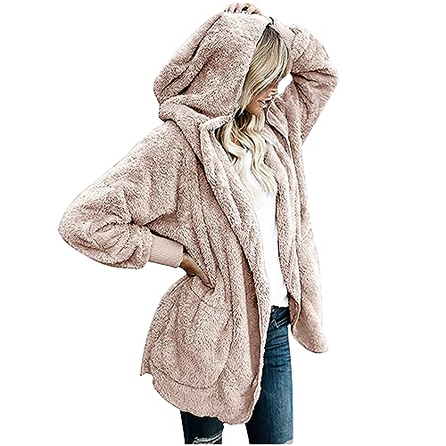 Guhmomh Teddy Fleecejacke Damen mit Kapuze Freizeit Sherpa Jacke Teddyjacke Einfarbige Fleece Kapuzenjacke Outdoor Fleecejacken Strickjacke Outdoorjacke Winterjacke Mädchen Wintermantel Khaki 3XL von Guhmomh