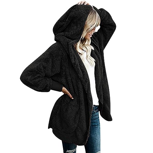 Guhmomh Teddy Fleecejacke Damen mit Kapuze Freizeit Sherpa Jacke Teddyjacke Einfarbige Fleece Kapuzenjacke Outdoor Fleecejacken Strickjacke Outdoorjacke Winterjacke Mädchen Wintermantel Schwarz 3XL von Guhmomh