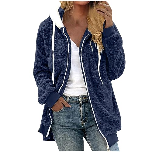 Guhmomh Teddy Fleecejacke Damen mit Kapuze Freizeit Sherpa Jacke Teddyjacke Einfarbige Fleece Kapuzenjacke Outdoor Fleecejacken für Frauen Zip Hoodie Strickjacke Winterjacke Outdoorjacke Marine S von Guhmomh