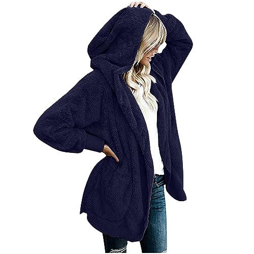 Guhmomh Teddy Fleecejacke Damen mit Kapuze Freizeit Sherpa Jacke Warm Teddyjacke Einfarbige Fleece Kapuzenjacke Outdoor Fleecejacken Strickjacke Outdoorjacke Winterjacke Mädchen Wintermantel Blau 5XL von Guhmomh