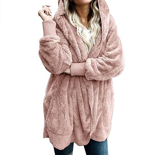 Guhmomh Teddy Fleecejacke Damen mit Kapuze Freizeit Sherpa Jacke Warm Teddyjacke Einfarbige Fleece Kapuzenjacke Outdoor Fleecejacken Strickjacke Outdoorjacke Winterjacke Mädchen Wintermantel Rosa 3XL von Guhmomh