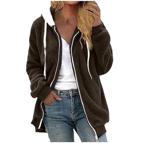 Guhmomh Teddy Fleecejacke Damen mit Kapuze Freizeit Sherpa Jacke Warm Teddyjacke Einfarbige Fleece Kapuzenjacke Outdoor Fleecejacken für Frauen Zip Hoodie Strickjacke Winterjacke Outdoorjacke Braun S von Guhmomh