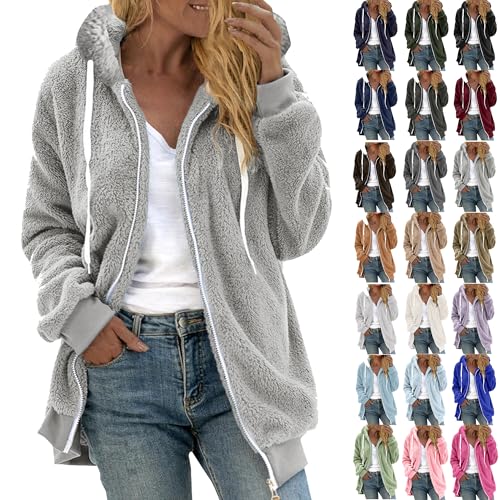 Guhmomh Teddy Fleecejacke Damen mit Kapuze Freizeit Sherpa Jacke Warm Teddyjacke Einfarbige Fleece Kapuzenjacke Outdoor Fleecejacken für Frauen Zip Hoodie Strickjacke Winterjacke Outdoorjacke Grau XL von Guhmomh