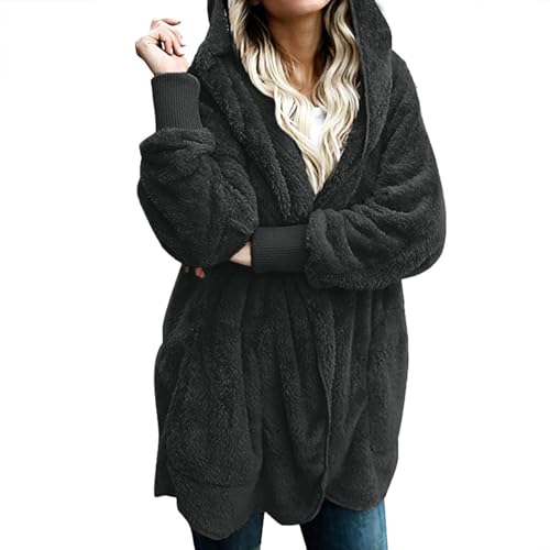 Guhmomh Teddy Fleecejacke Damen mit Kapuze Sherpa Jacke Warm Teddyjacke Einfarbige Fleece Kapuzenjacke Outdoor Fleecejacken Strickjacke Outdoorjacke Winterjacke Mädchen Wintermantel Dunkelgrau XXL von Guhmomh
