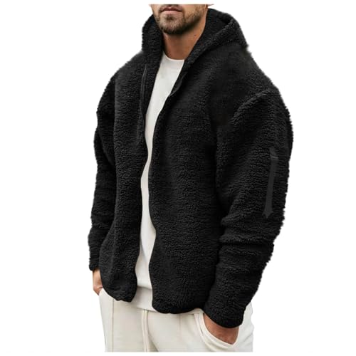Guhmomh Teddy Fleecejacke Herren Winter Kapuzenjacke Warm Hoodie Jacke Sweatjacke mit Kapuze Einfarbige Sherpa Jacke Outdoor Fleecejacken für Männer Strickjacke Winterjacke Sportjacke Schwarz L von Guhmomh