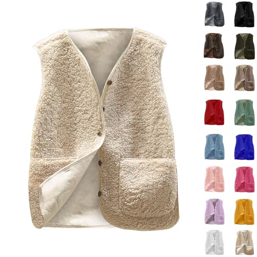 Guhmomh Teddy Weste Damen Warm Fleeceweste Ärmellose Fleecemantel mit Taschen Einfarbig Fellweste Winter Fleecejacke Outdoor Kuscheljacke Herbst Sherpa Jacke Übergangsjacke Winterjacke Beige L von Guhmomh